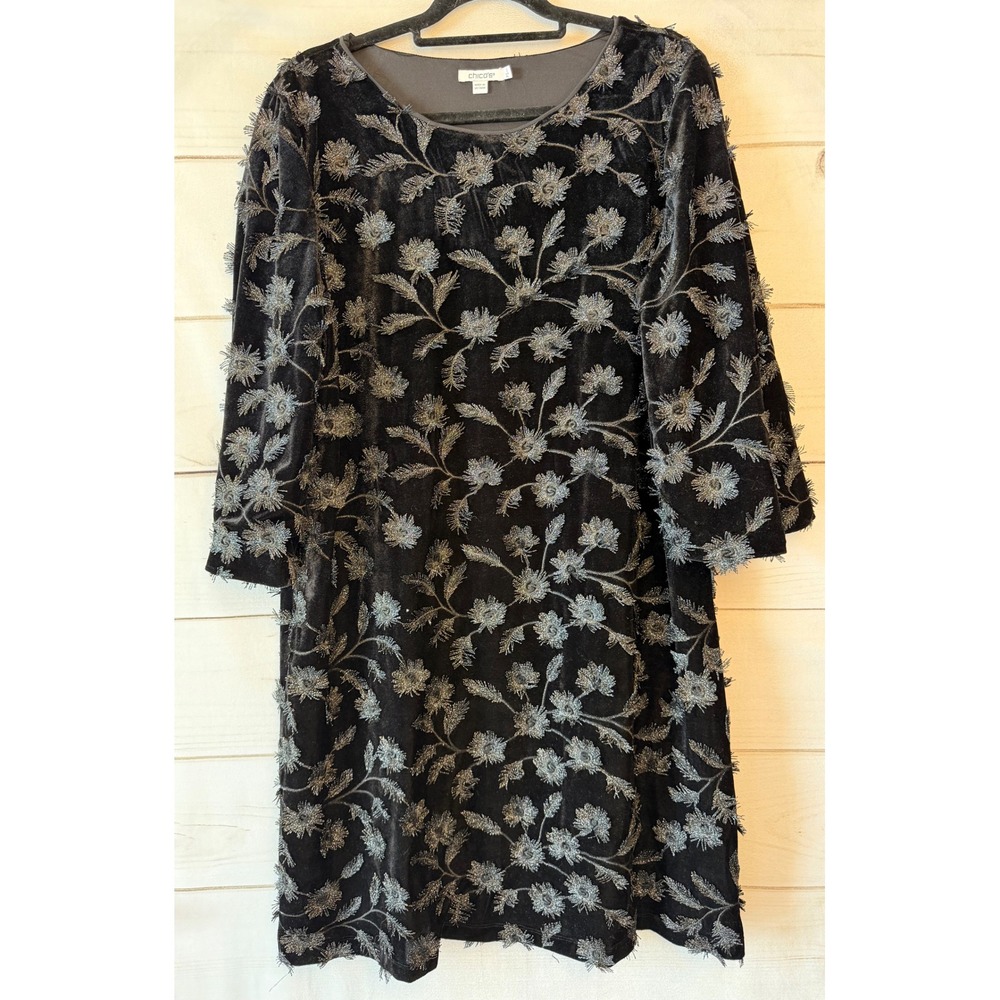 Chicos Black Velvet Embroidered Floral Shift Dress Silver Metallic Size 3 XL